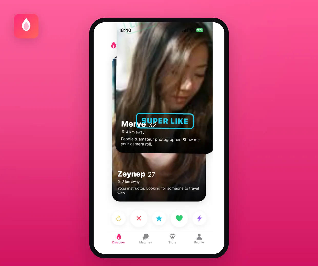 Spark — süper beğeni (super like) etkileşim ekranı