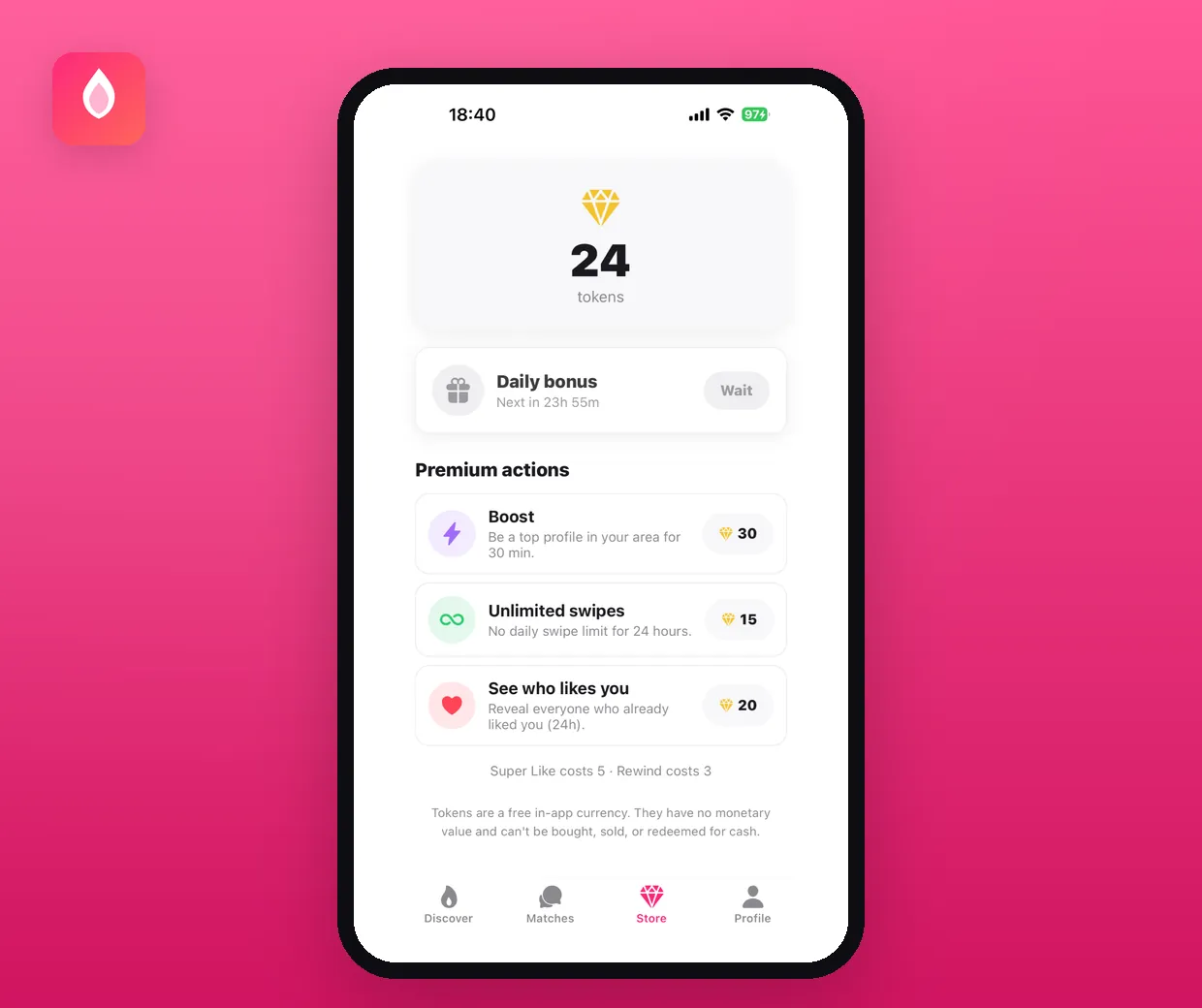 Spark — ücretsiz token mağazası ve premium aksiyonlar ekranı