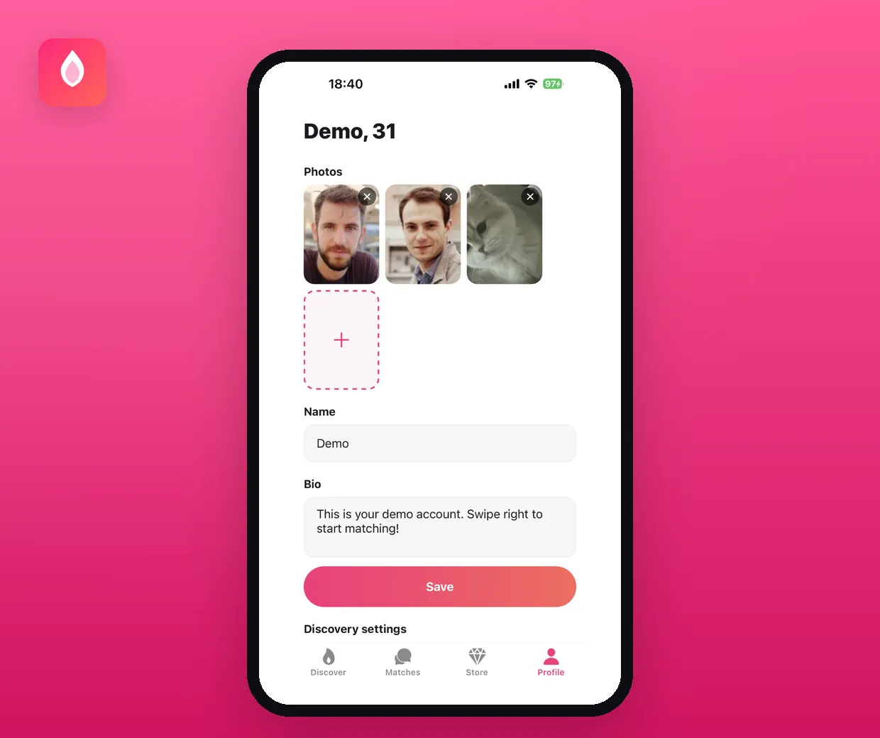 Spark — fotoğraf, biyografi ve keşif tercihleri profil düzenleme ekranı