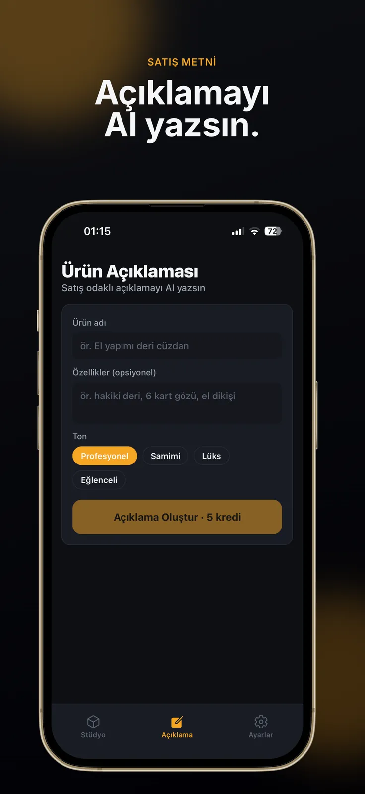 Studyo — ürün adı ve özelliklerden yapay zekânın satış açıklaması yazdığı ekran