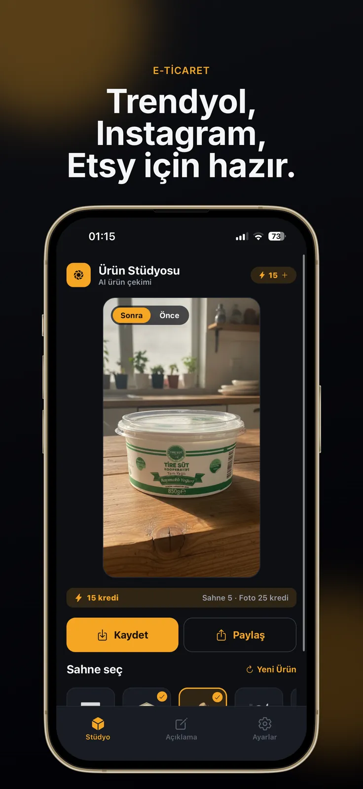 Studyo — e-ticaret ve sosyal medya için hazır ürün görseli ekranı