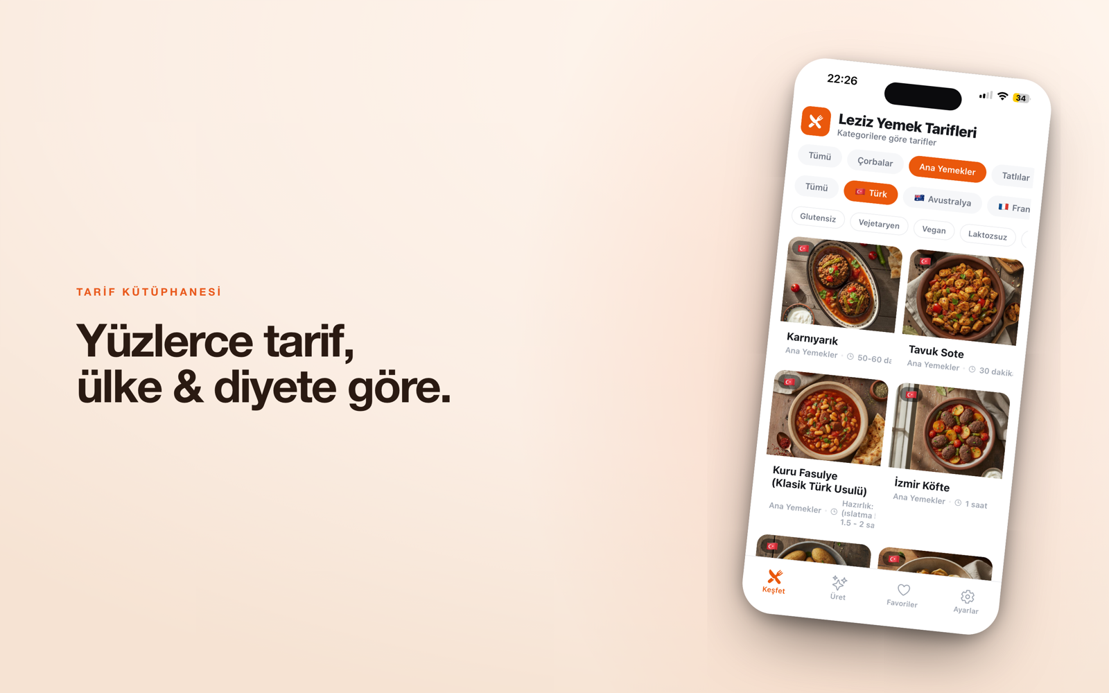 Recipe Tarif — kategori, ülke ve diyete göre filtrelenebilen fotoğraflı tarif kütüphanesi