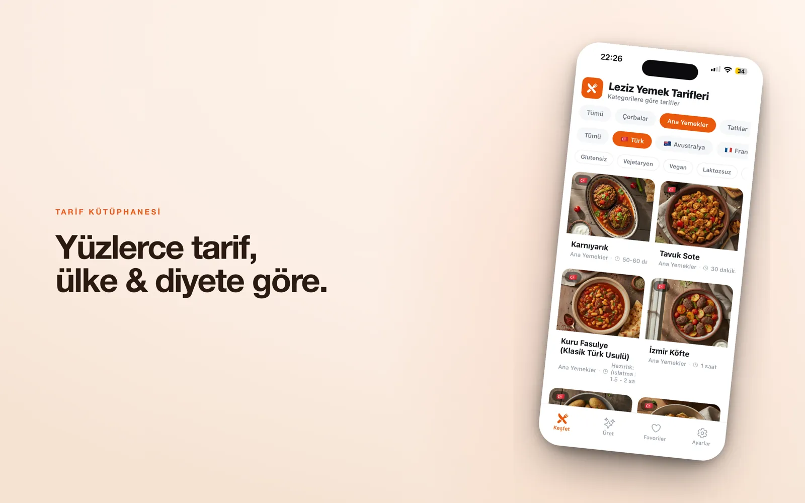 Recipe Tarif — kategori, ülke ve diyete göre filtrelenebilen fotoğraflı tarif kütüphanesi