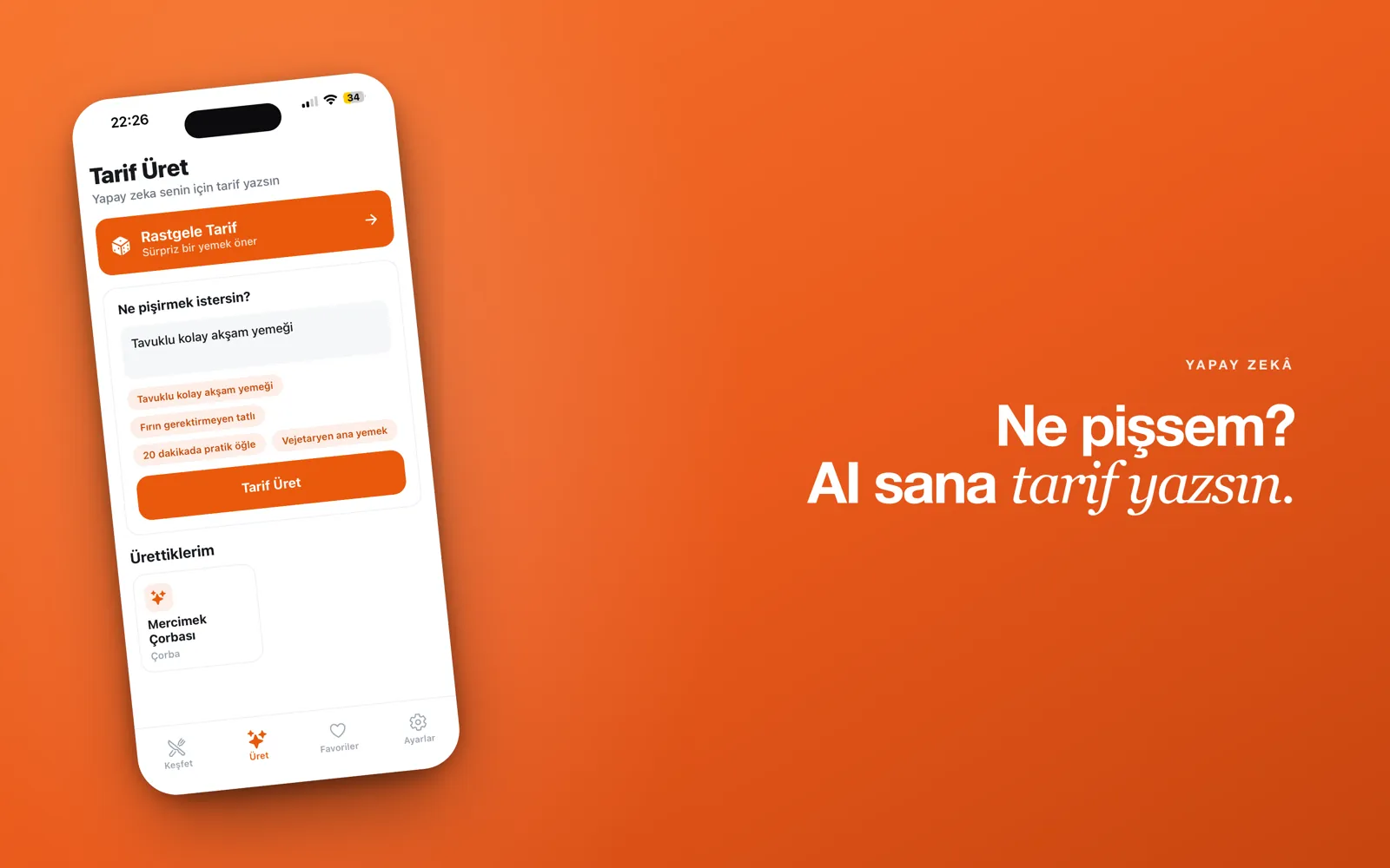 Recipe Tarif — istediğin yemeği yazıp yapay zekâdan sana özel tarif ürettiğin ekran