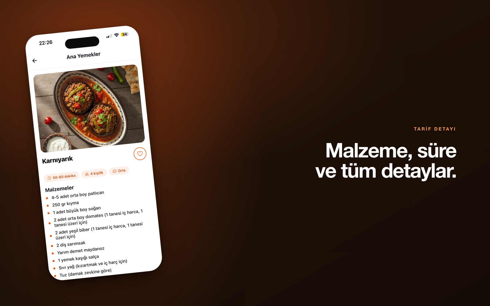 Recipe Tarif — malzemeler, süre ve porsiyon bilgisinin olduğu tarif detayı