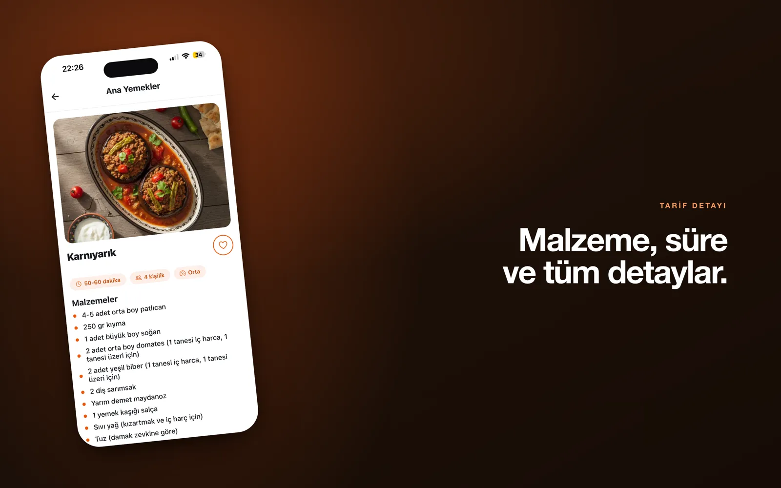 Recipe Tarif — malzemeler, süre ve porsiyon bilgisinin olduğu tarif detayı