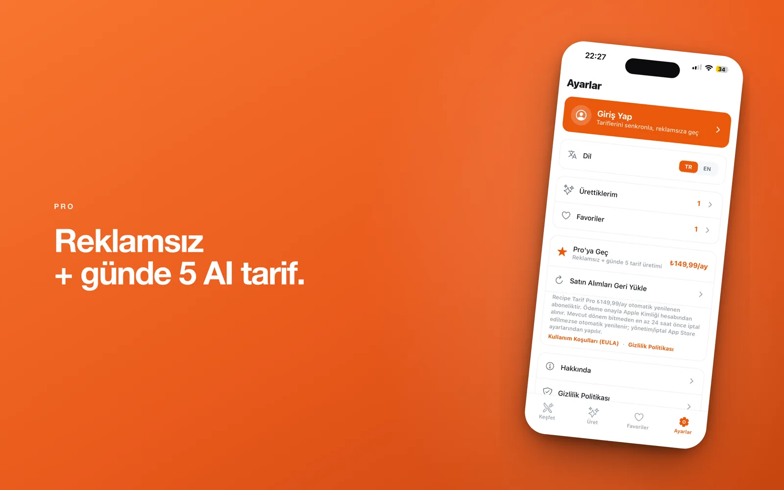 Recipe Tarif — reklamsız kullanım ve günde 5 yapay zekâ tarifi sunan Pro ekranı