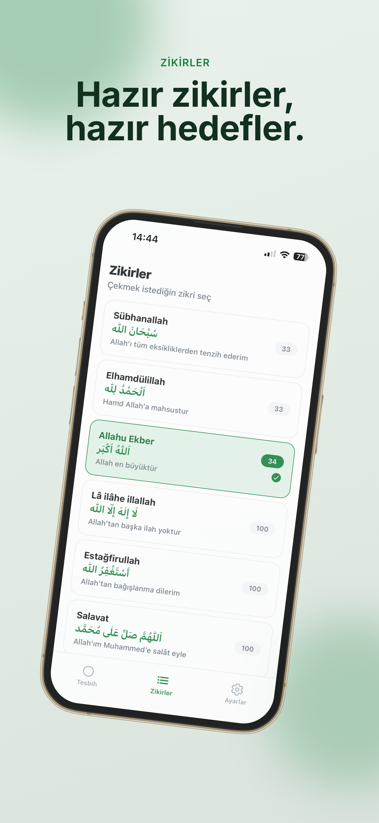 Tesbih — HAZIR ZİKİRLER · HEDEFLER