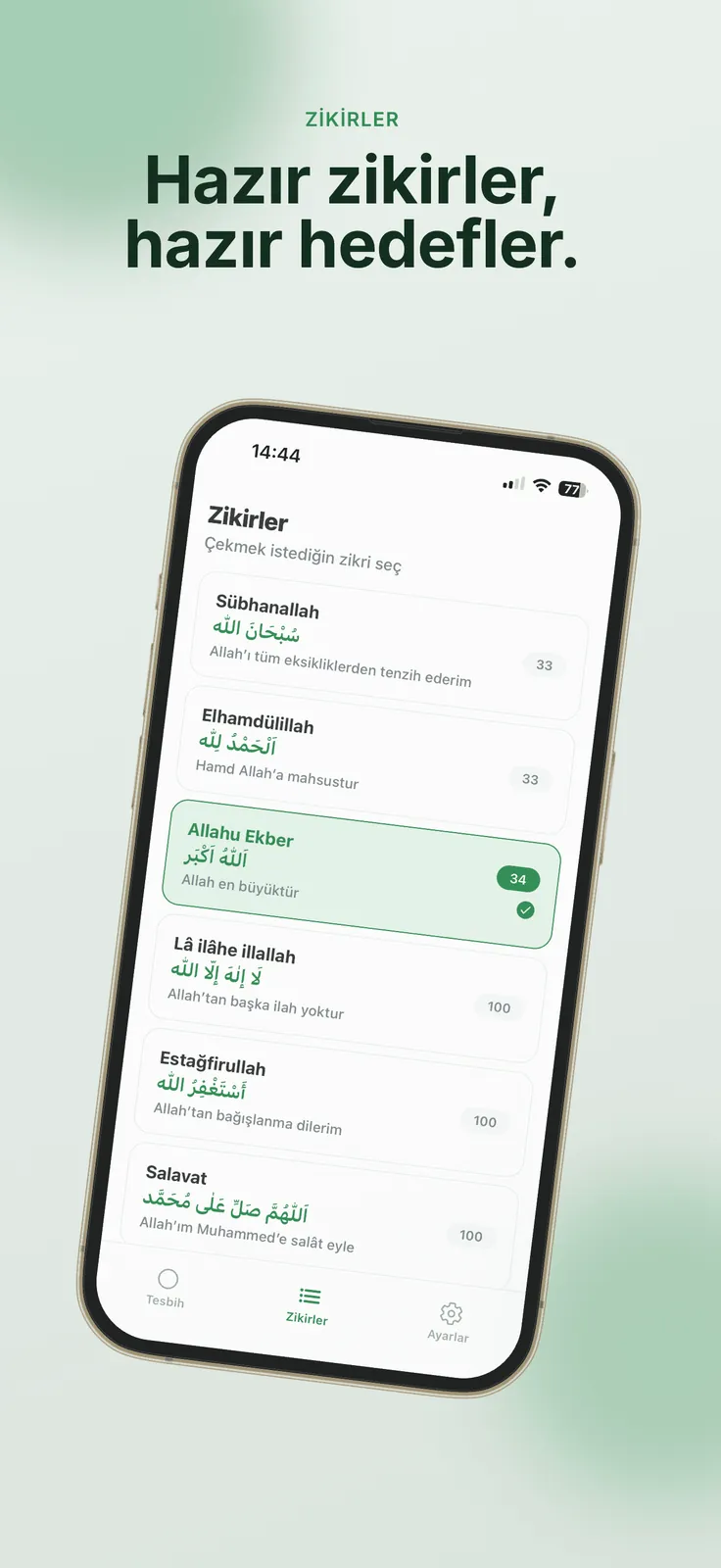Tesbih — HAZIR ZİKİRLER · HEDEFLER