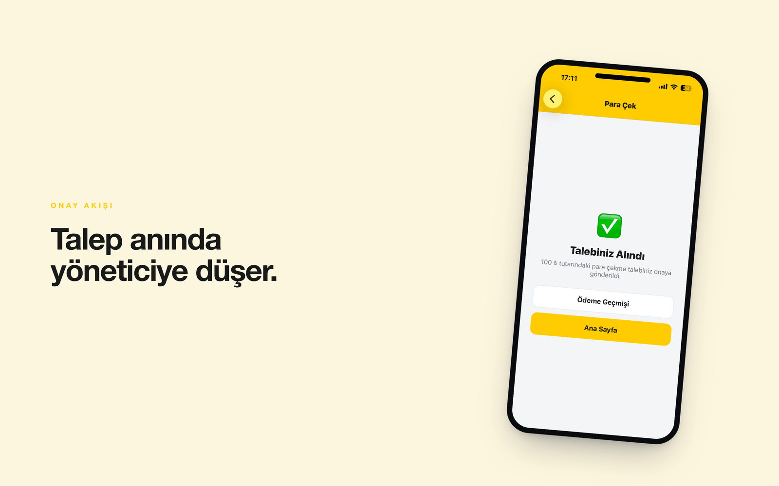 Winzigo — talep alındı onay ekranı