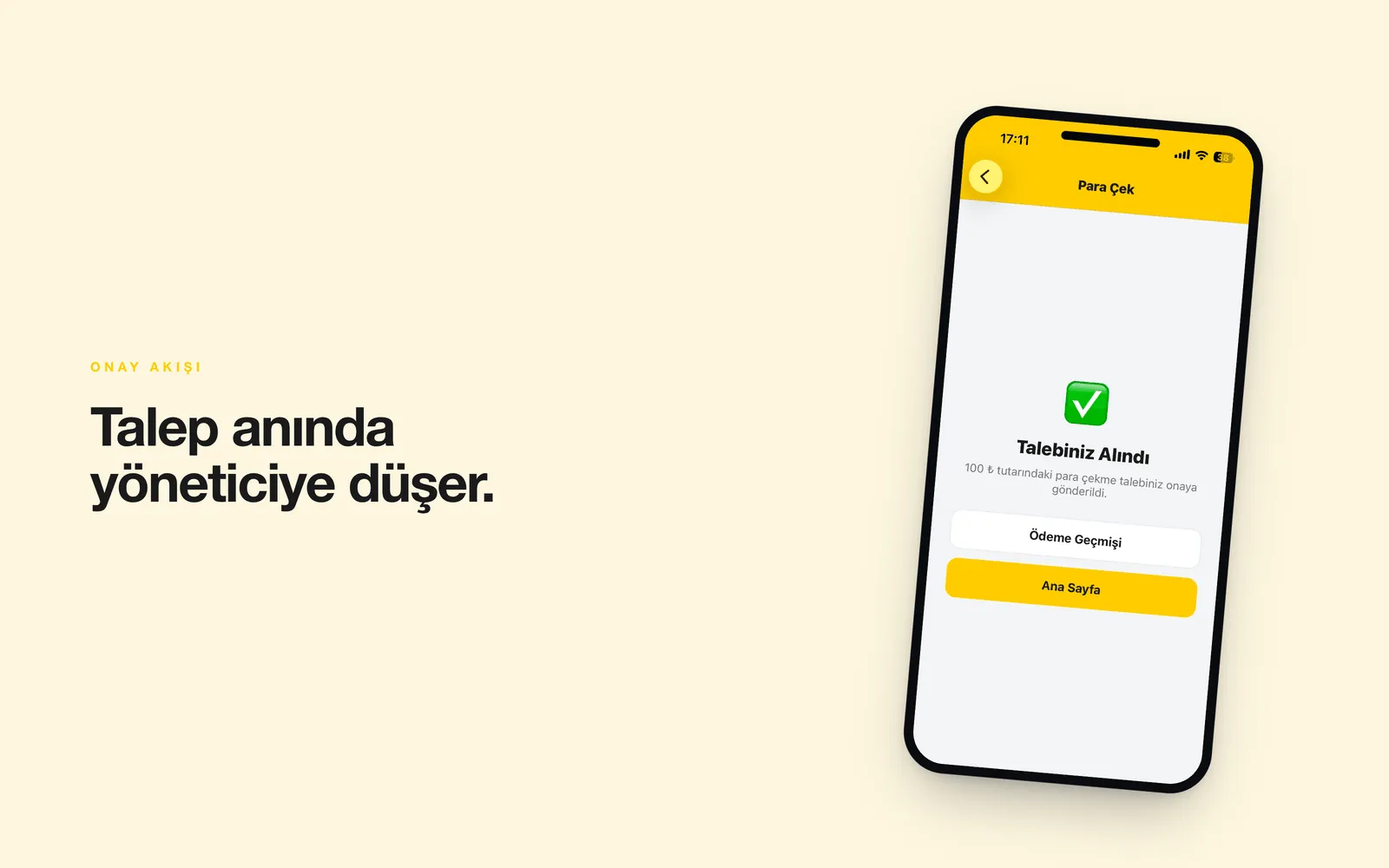 Winzigo — talep alındı onay ekranı