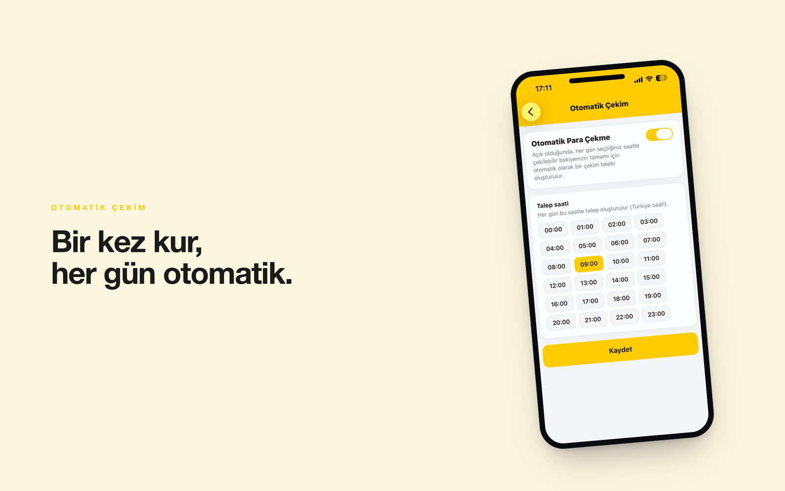 Winzigo — günlük otomatik para çekme ve saat seçimi
