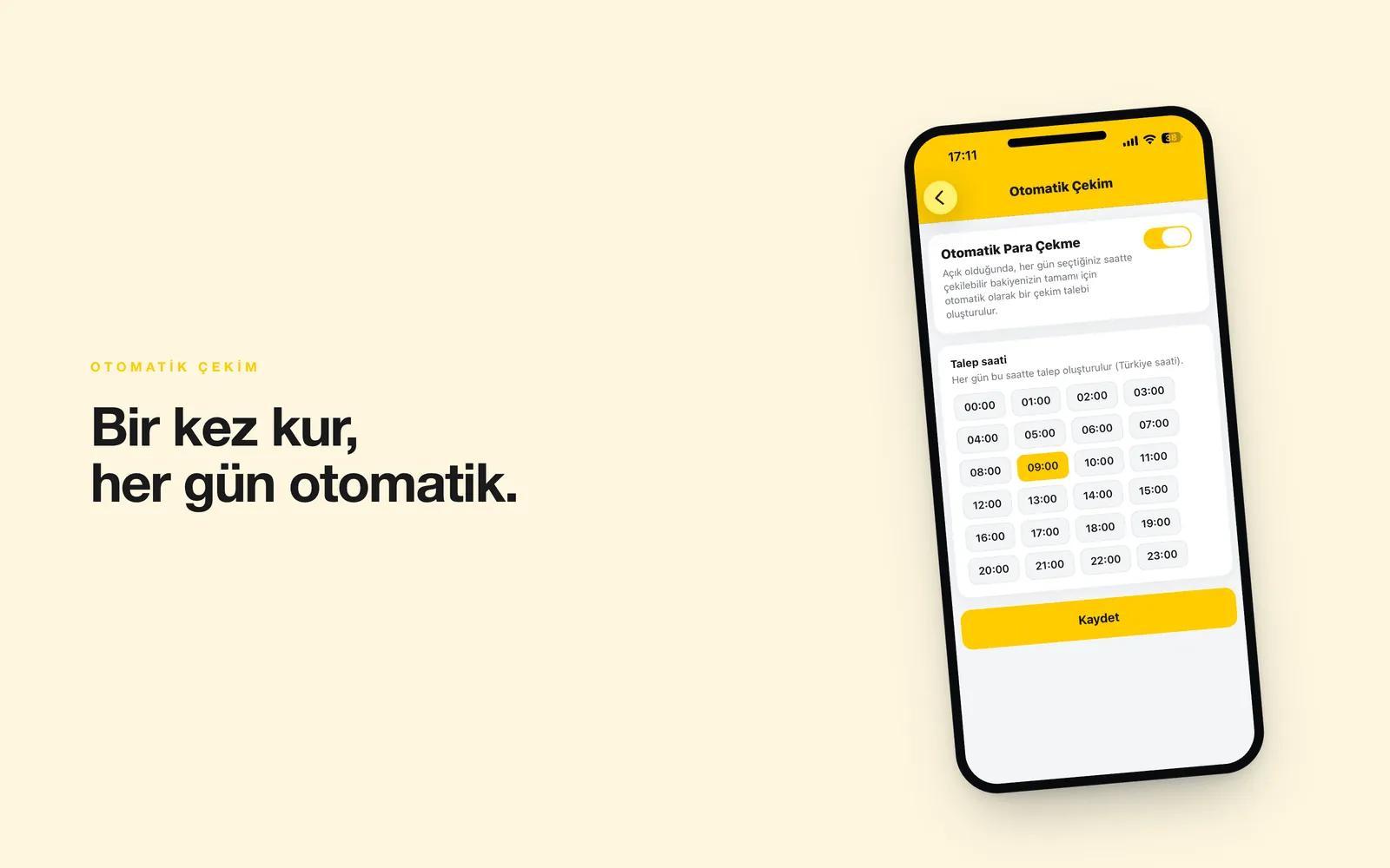 Winzigo — günlük otomatik para çekme ve saat seçimi