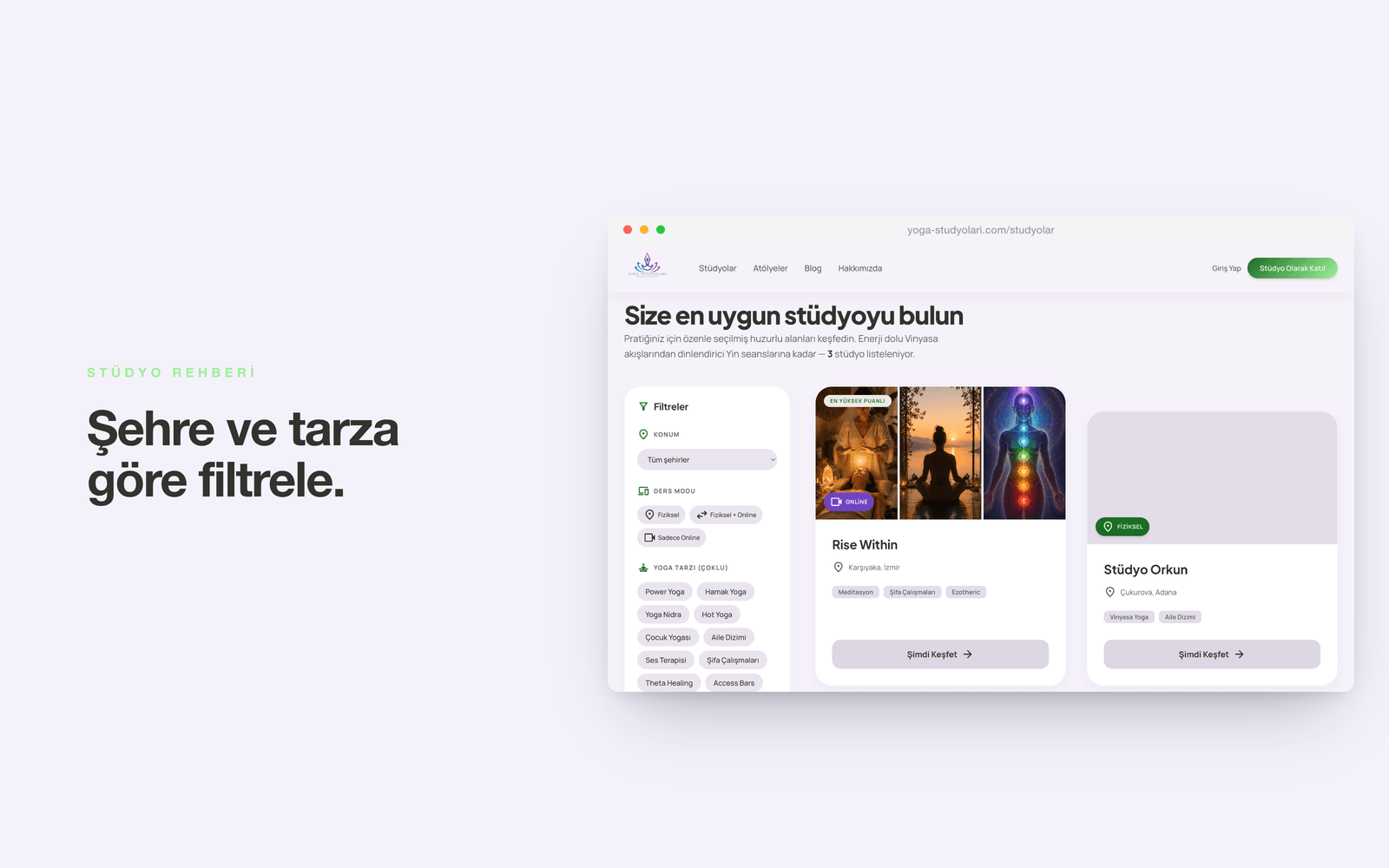yoga-studyolari.com — stüdyo listesi, konum ve yoga tarzı filtreleri