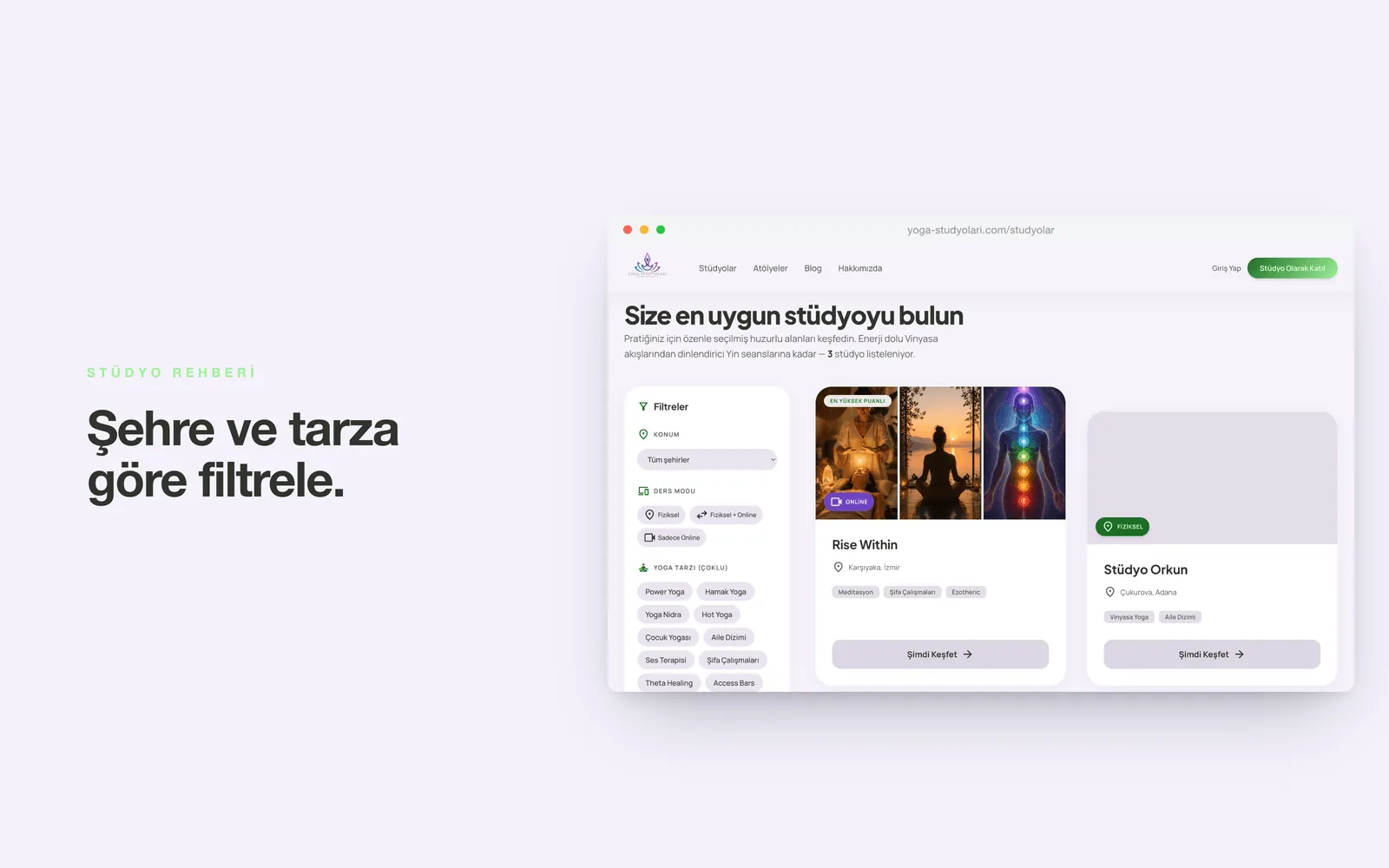 yoga-studyolari.com — stüdyo listesi, konum ve yoga tarzı filtreleri