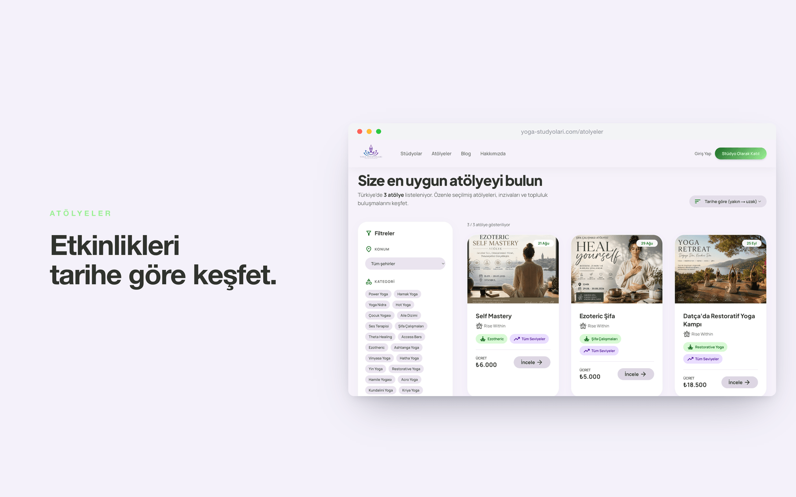 yoga-studyolari.com — atölye ve etkinlik listesi, kategori filtreleri