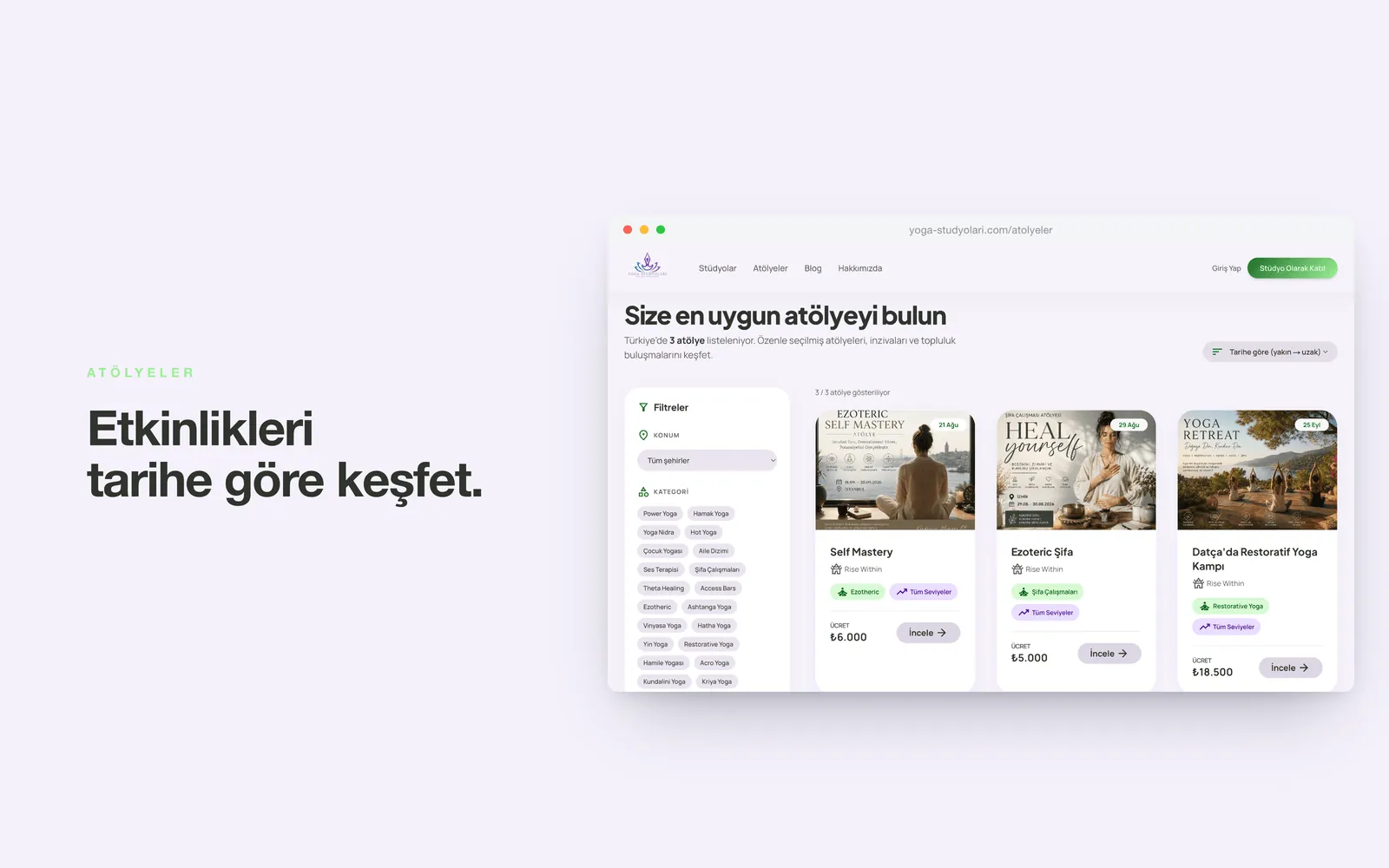 yoga-studyolari.com — atölye ve etkinlik listesi, kategori filtreleri