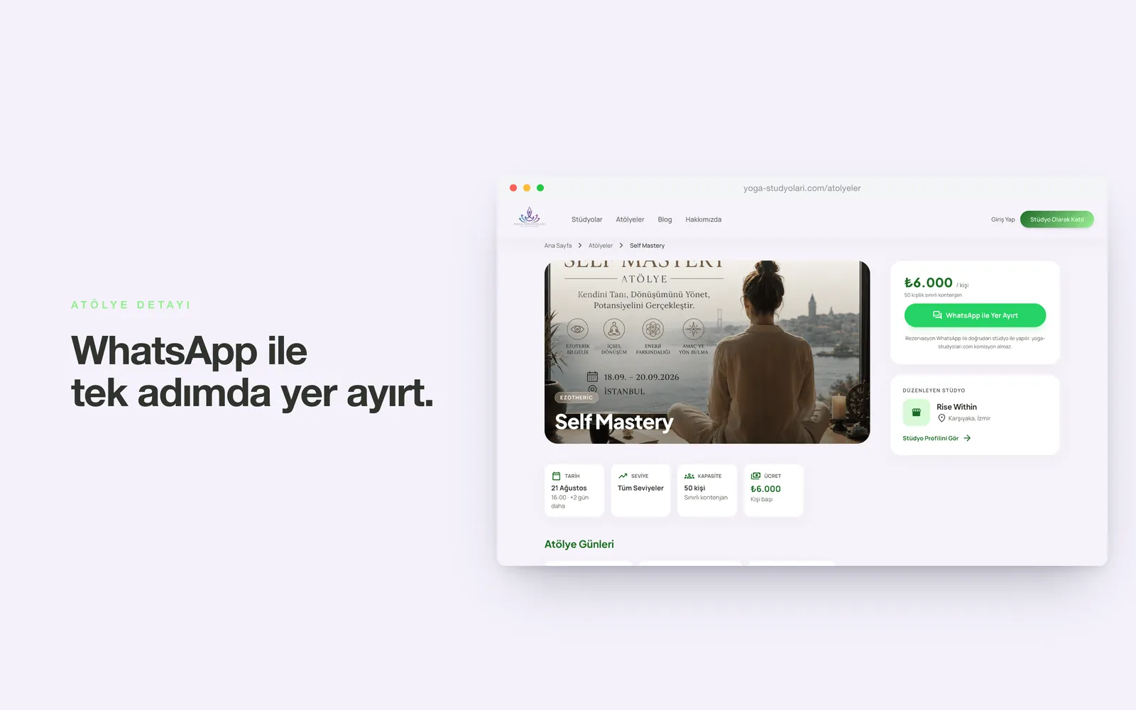 yoga-studyolari.com — atölye detayı, tarih, kontenjan ve WhatsApp ile yer ayırma