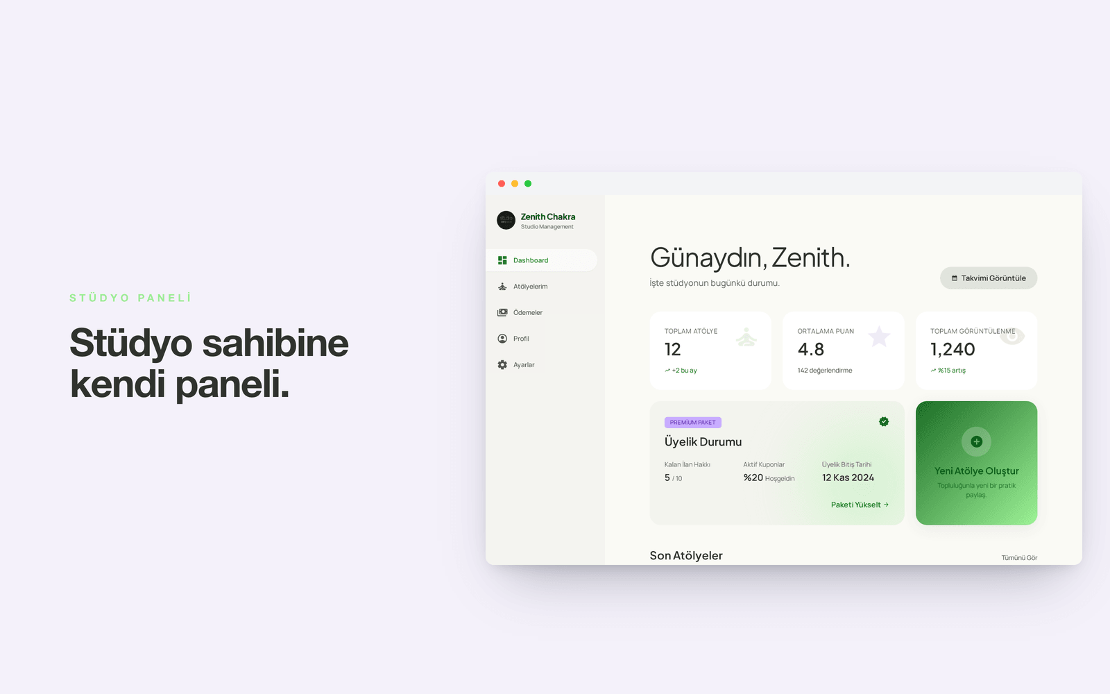 yoga-studyolari.com — stüdyo sahibinin dashboard'u ve üyelik durumu
