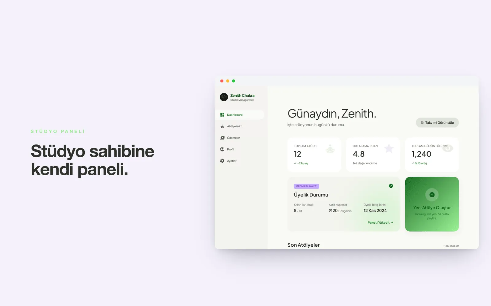 yoga-studyolari.com — stüdyo sahibinin dashboard'u ve üyelik durumu