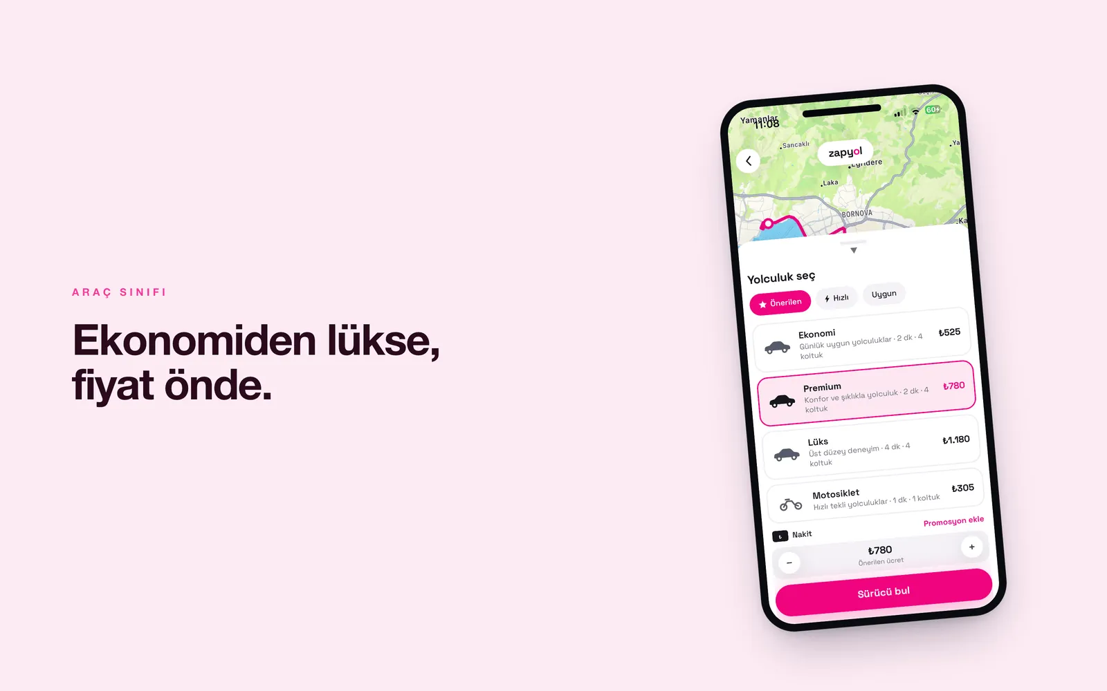 Zapyol — Ekonomi, Premium, Lüks ve Motosiklet seçenekleri